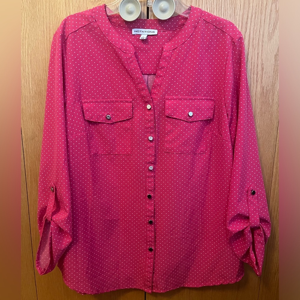 Notations Long Sleeve Hot Pink Polka Dot Blouse